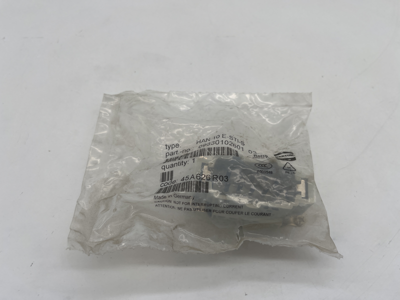 Han 10E-STI-S di Harting dispone di 10 contatti + PE, la corrente di carico massima è di 16 A 09330102601