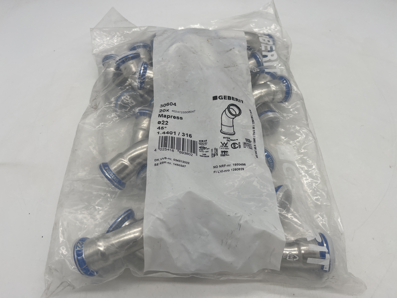 Curva in acciaio inox 45 gradi femmina femmina  diametro 22 confezione da 20 pezzi 30604