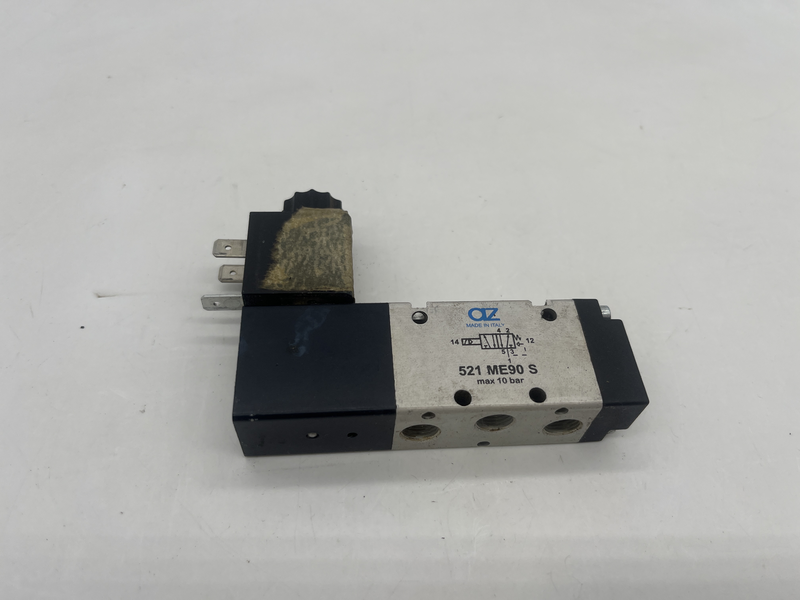 G 1/8 Electroventil 5/2, monostabil, actionat electric cu 1 bobina la 90 pe laterala, revenire arc ; Diametru nominal. 5 mm ; Debit nominal la 6 bar 521 me90s