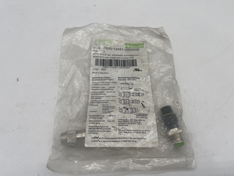 Maschio diritto. M12, 4 poli. Morsetti a perforazione. Sezione cavo: 0.25...0.5 mm 7000-12481-0000000