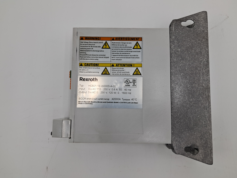 Input : 3 x AC 110... 230 V; 0,6 A; 50... 60 HzOutput: 3 x AC 0...230 V; 120 W; 0... 1600 HzSCCR (short circuit current rating) .42000A Tambient :.40 °CBosch Rexroth Electric Drives and Controls GmbH . D-97816 Lohr am MainMade in Germany HCS01.1E-W0003-A-02