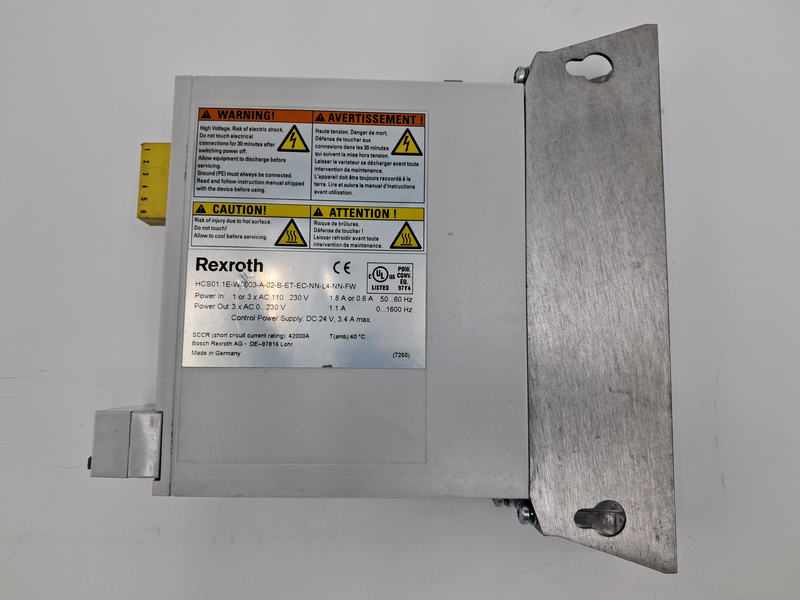 Power In: 1 or 3 x AC 110...230 V1.8 A or 0.6 A 0..60 HzPower Out: 3 X AC 0...230 V 1.1 A0...1600 HzControl Power Supply: DC 24 V, 3.4 A max. SCCR (short circuit current rating): 42000ABosch Rexroth AG- DE-97816 LohrMade in GermanyT(amb):40 \\\'C(7260) HCS01.1E-W0003-A-02-B-ET-EC-NN-L4-NN-FW