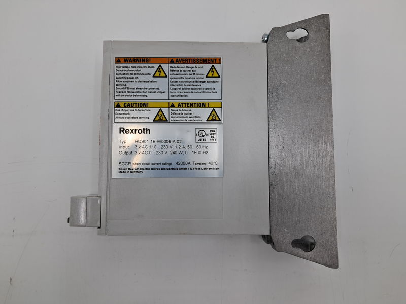 Input: 3 x AC 110...230 V; 1,2 A; 50...60 HzOutput: 3 x AC 0... 230 V; 240 W; 0... 1600 HzSCCR (short circuit current rating) .42000A Tambient : 40 °CBosch Rexroth Electric Drives and Controls GmbH . D-97816 Lohr am MainMade in Germany HCS01.1E-W0006-A-02
