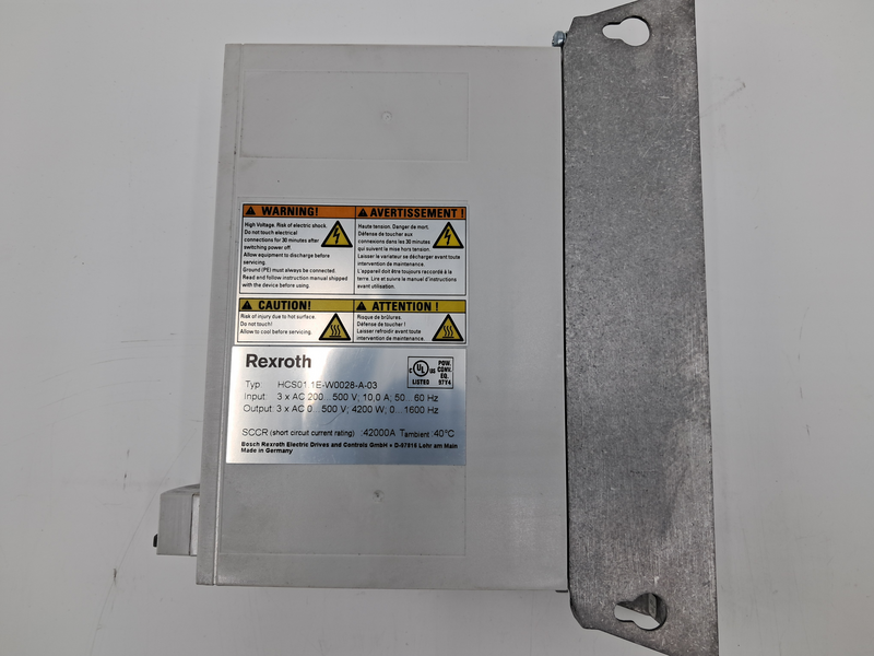 Input: 3 x AC 200... 500 V; 10,0 A; 50... 60 HzOutput: 3 x AC 0... 500 V; 4200 W; 0... 1600 HzSCCR (short circuit current rating) : 42000A Tambient : 40°CBosch Rexroth Electric Drives and Controls Gmb . D-97816 Lohr am MainMade in Germany HCS01.1E-W0028-A-03