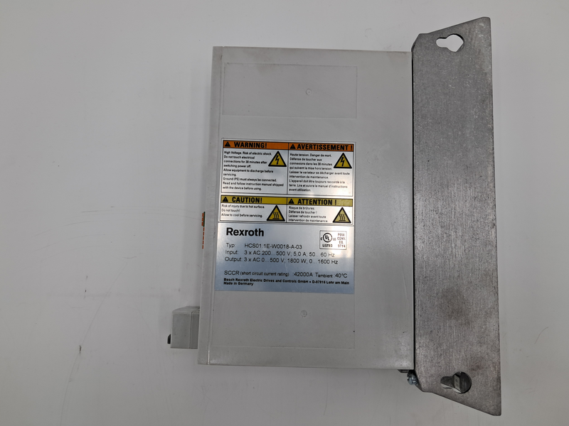Inpu : 3 x AC 200... 500 V; 5,0 A: 50... 60 HzOutput: 3 x AC 0... 500 V; 1800 W; 0... 1600 HzSCCR (short circuit current rating) :42000A Tambient :40 °CBosch Rexroth Electric Drives and Controls GmbH . D-97816 Lohr am MainMade in Germany HCS01:1E-W0018-A-03