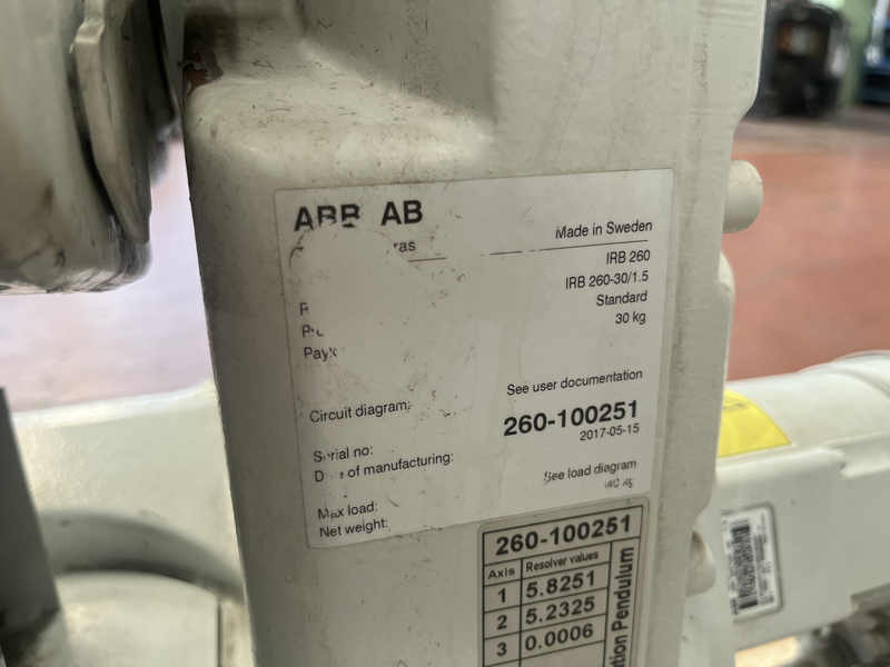 ROBOT ANTROPOMORFO IRB 260-30/1.5 ASSI:4 SBRACCIO:1500 MM PORTATA AL POLSO:30 KG PREDISPOSIZIONE:PALLETTIZAZIONE ANNO DI COSTRUZIONE:2017 COMPLETO DI:CAVI DI ALIMENTAZIONE-QUADRO ELETTRICO TIPO:IRC5 SINGLE TASTIERINO DI PROGRAMMAZIONE ROBOT RICONDIZIONATO(RIVERNICIATO,OLII DEI RIDUTTORI CAMBIATI,BATTERIE A TAMPONE SOSTITUITE)