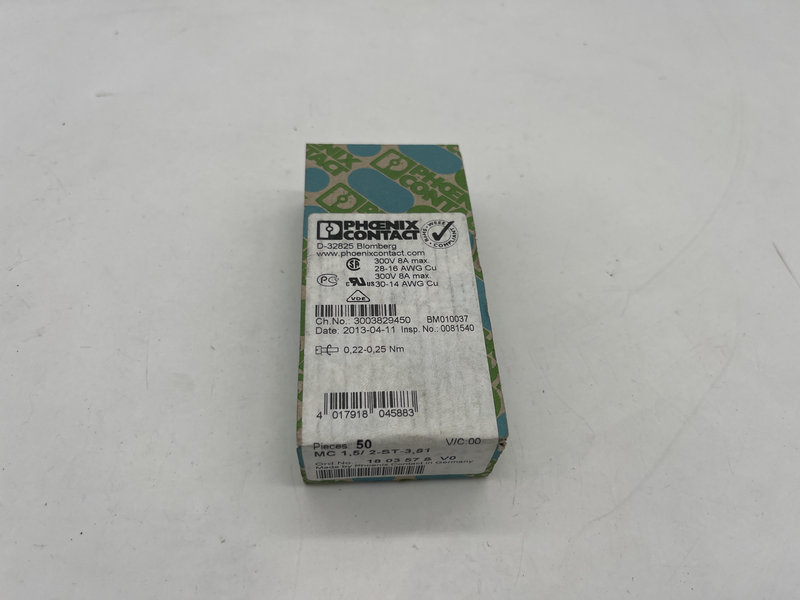 Connettore per circuiti stampati, sezione nominale: 1,5 mm2, colore: verde, corrente nominale: 8 A Confezione da 50 pezzi Mc 1,5/2-st-3,81