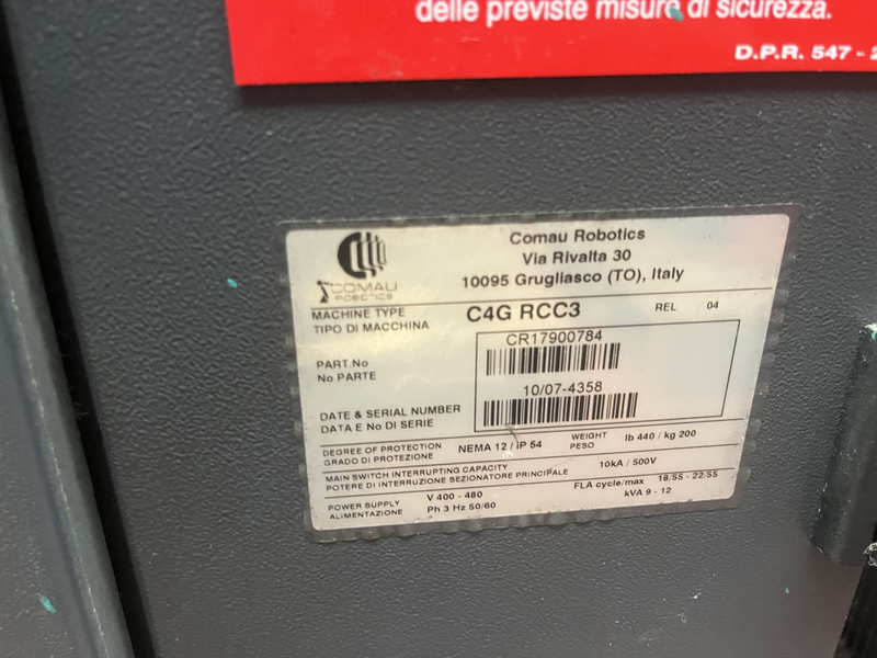 ROBOT ANTROPOMORFO SMART NS-12-1.85 ASSI:6 SBRACCIO:1850 MM PORTATA AL POLSO:12 KG PREDISPOSIZIONE:MANIPOLAZIONE ANNO DI COSTRUZIONE:2005 COMPLETO DI:CAVI DI ALIMENTAZIONE-QUADRO ELETTRICO TIPO:C4G RCC3 -TASTIERINO DI PROGRAMMAZIONE ROBOT TESTATO FUNZIONANTE CON POSSIBILITA DI POTERLO RICONDIZIONARE(INTERVENTI:VERNICIATURA,SOSTITUZIONE OLII RIDUTTORI E BATTERIE A TAMPONE)